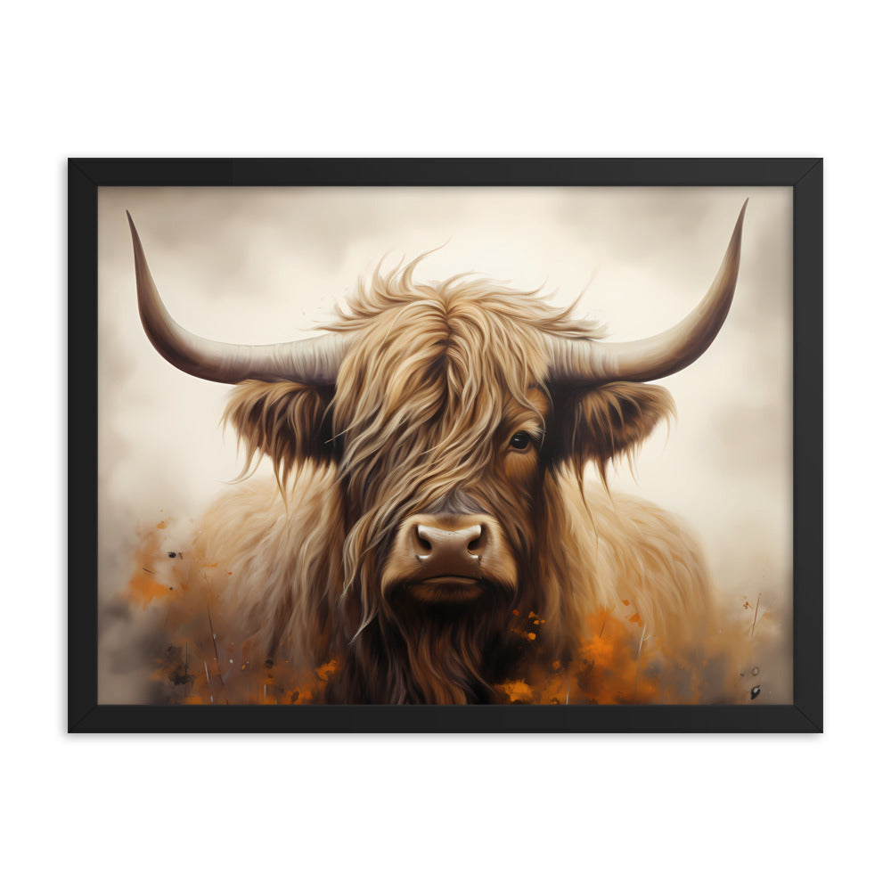 Framed Print Artwork Strong Stunning Highlander Bull Warm Fiery Flames Emotional Stylish Bull Staring Into The Viewer Captivating Highly Detailed Painting Style Perfect To Warm Up A Homestead Or Country Home Framed Poster 18x24"