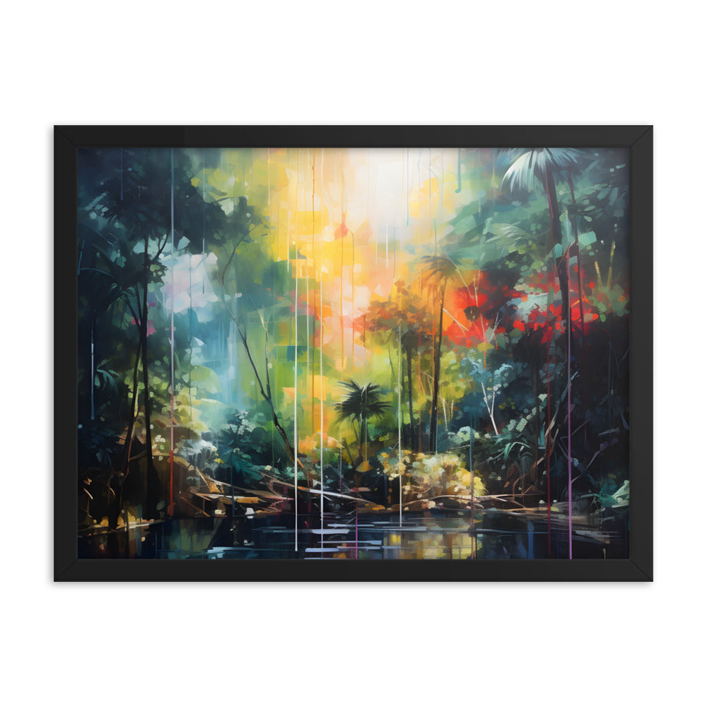 Framed Print Abstract Artwork Bright Vibrant Colorful Rainbow Jungle Behind A Pond Oil Painting Style Abstract Art Framed Poster Nature 18x24"