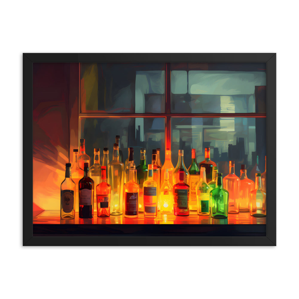 Framed Print Artwork Alcohol Bar Night Life Vibrant Colorful Well Lit Bar With Alcohol Bottles Lined Up Party Drinking Lifestyle Framed Poster 18x24"