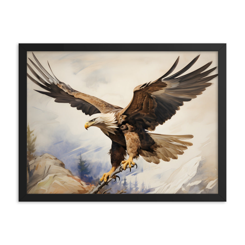 Framed Artwork Strong Soaring Bald Eagle Snowy Mountains Detailed Painting 18x24"