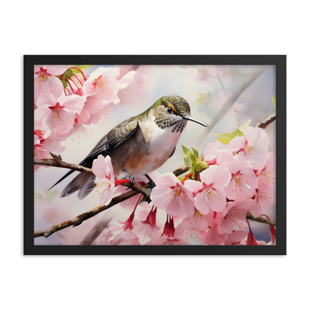 Framed Print Artwork Humming Bird Perched On Tree Branch Amongst Cherry Blossoms Framed Poster Artwork 18x24"