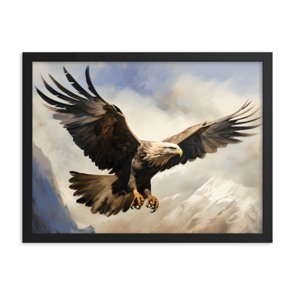 Framed Artwork Print Strong Soaring Bald Eagle Snowy Mountains Detailed Painting, Large Wing Span Mid Flight Ready To Swoop 18x24"