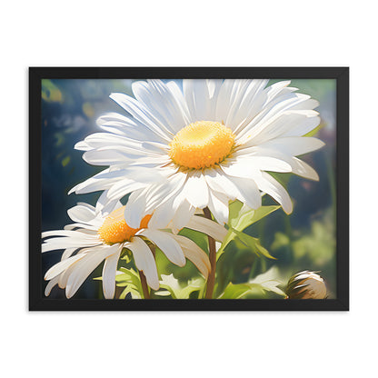 Framed Print Double Daisy Realistic Oil Painting Nature Inspired Artwork Stunning Sunlit Twin Daisy Blooming Oil Painting Style 18x24"
