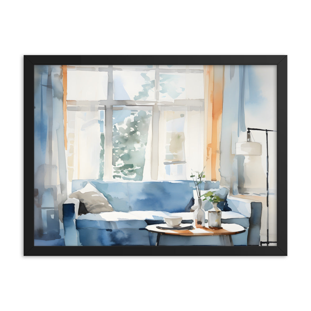 Framed Print Artwork Water Color Style Home Decor Large Windows Sun Lit Room Light Cool Colors Water Color Style Interior Design Lifestyle Framed Poster 18x24"