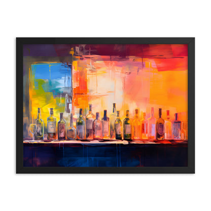 Framed Print Artwork Alcohol Bar Filled With Bottles Of Alcohol Night Life Vibrant Oil Painting Style Colorful Party Drinking Lifestyle Framed Poster 18x24"