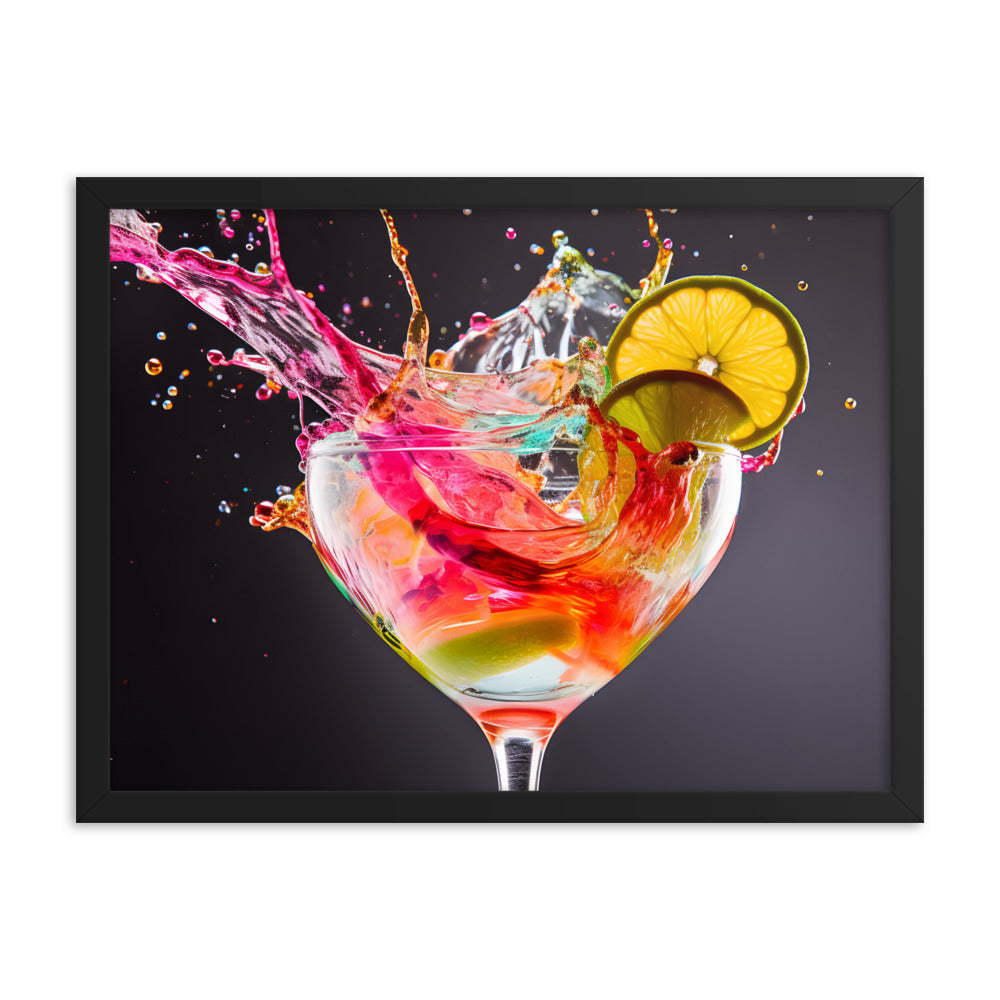 Framed Print Artwork Bright Colorful Cocktail Splashing Out Of The Glass Framed Poster Painting Alcohol Art 18x24"