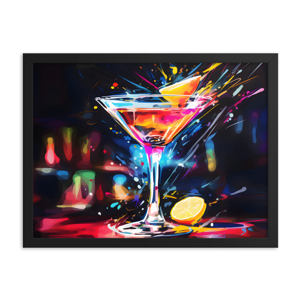 Framed Print Artwork Bar/Night Life Art Bright Neon Splashes Surrounding A Martini Glass Full Of Alcohol Framed Poster Painting Alcohol Art Iced Drink Close Up 18x24"