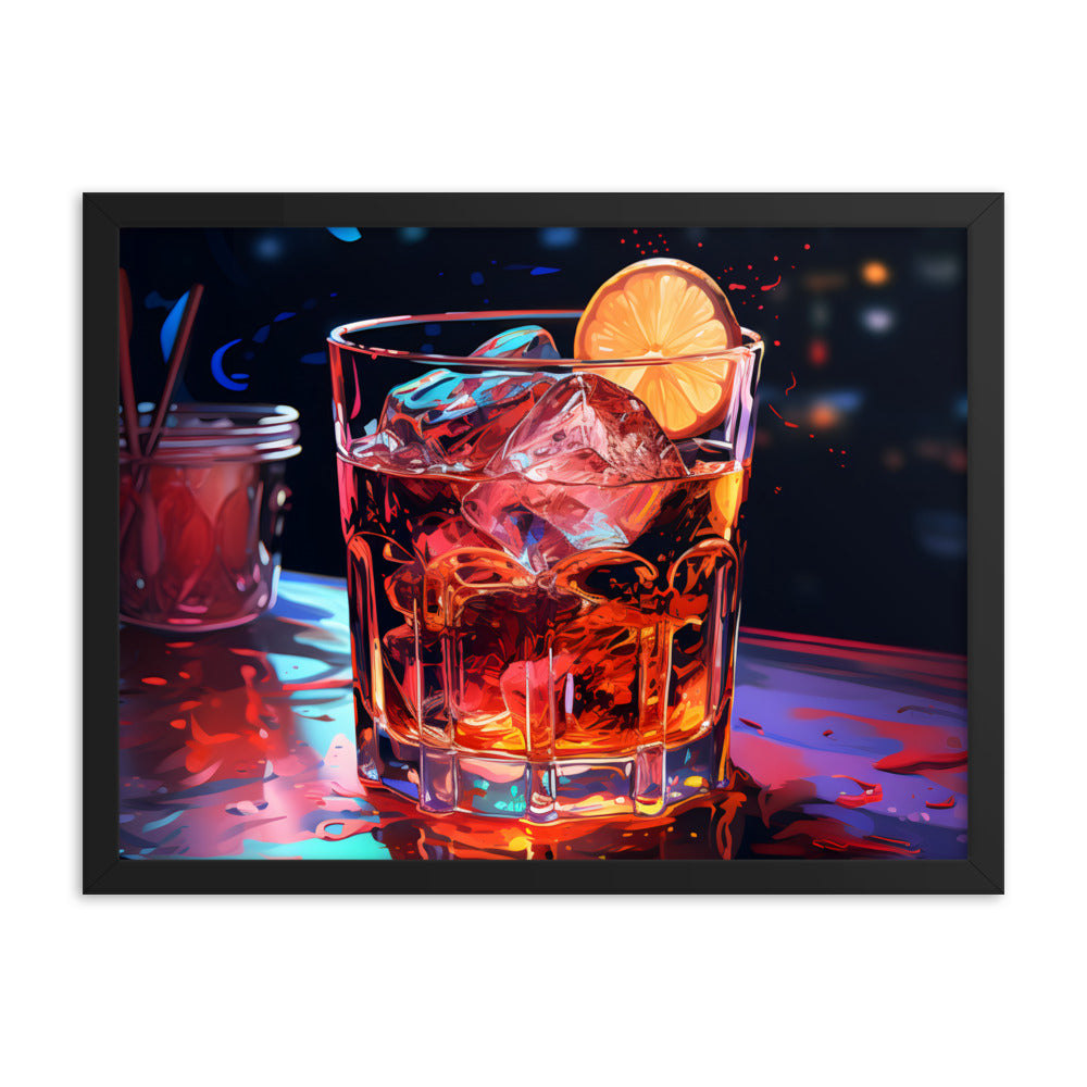 Framed Print Artwork Alcohol And Night Life Bar Art Alcoholic Drink With Ice And Lemon Slice Framed Poster Neon Light Bar Artwork 18x24"
