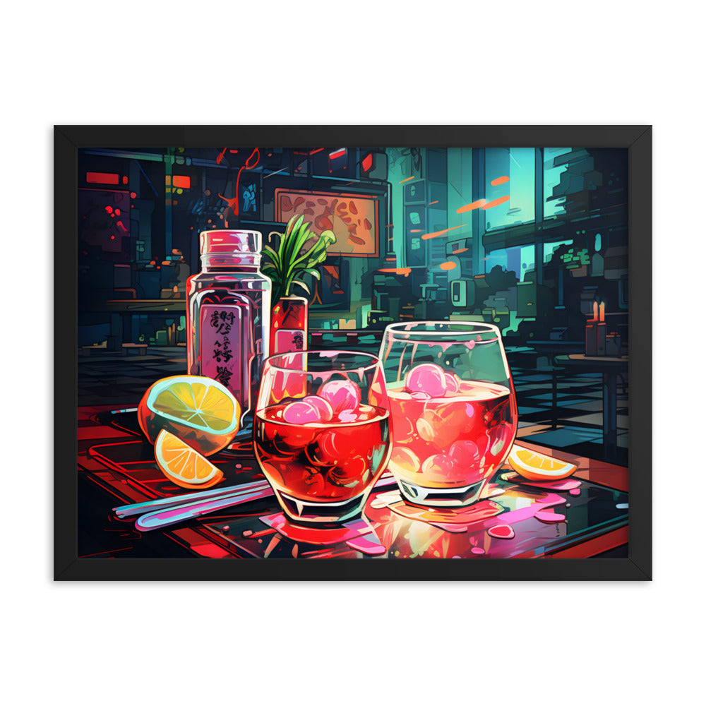 Framed Print Artwork Japanese Manga Style Alcohol And Night Life Bar Art Alcoholic Drink With Ice And Lemon Slice Framed Poster Neon Light Bar Artwork Urban Setting Lifestyle 18x24"