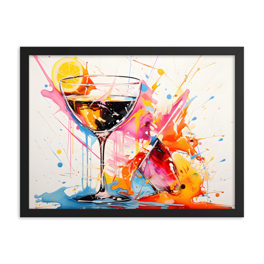 Framed Print Artwork Bright Colorful Cocktail Splashing Out Of The Glass Lemon Slices Lining Champagne Glass Vibrant Bright Drink Inside Glass White Background Attention Grabbing Art Piece Framed Poster Painting Alcohol Art 18x24"