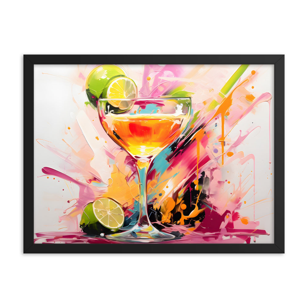 Framed Print Vibrant Alcohol Artwork Lime Slices Lining A Champagne Glass Splashes Of Vibrant Colors Span The Background Attention Grabbing Conversation Starter Framed Poster 18x24"