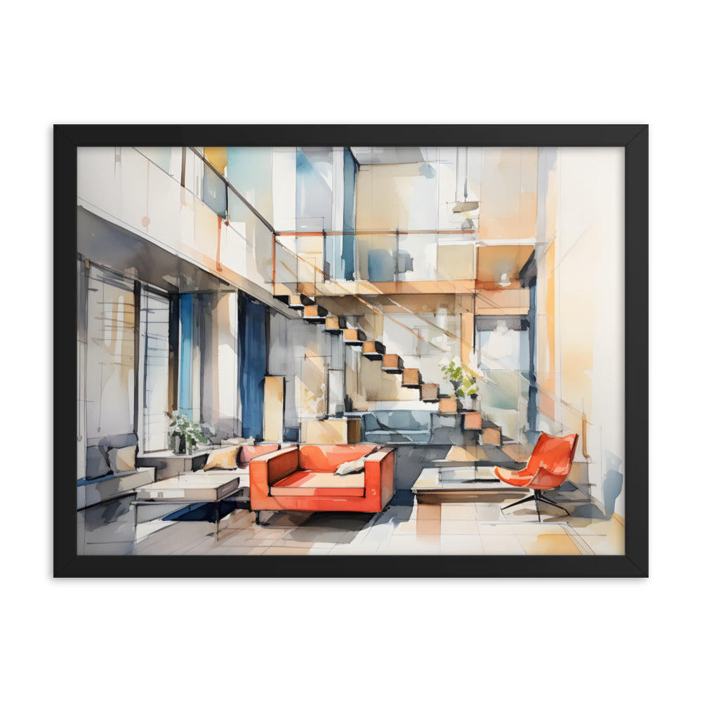 Framed Print Artwork Interior Design Modern Sharp Design Water Color Style Home Decor Red Lounge Lifestyle Framed Poster 18x24"