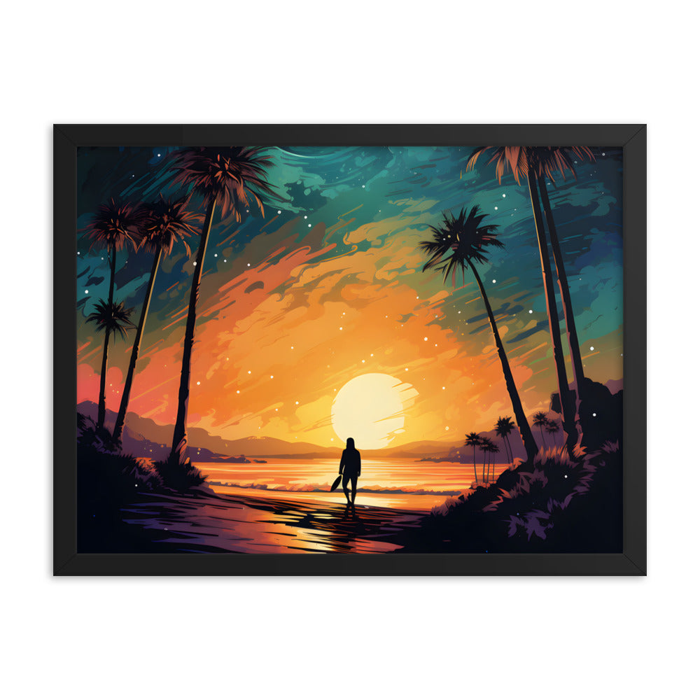 Framed Print Lifestyle/Ocean Side Artwork Smooth Ocean Water Dark Sunset Palm Tree Silhouettes Line The Pathway Large Sun Setting In Line With Perspective Moon Lit Star Filled Night Sky Framed Poster Artwork 18x24"