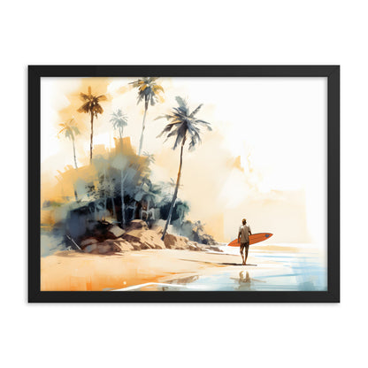 Framed Print Artwork Beach Ocean Surfing Art Surfer Walking Up The Beach Holding Surfboard Palm Trees Sets The Tone Framed Poster Artwork 18x24"