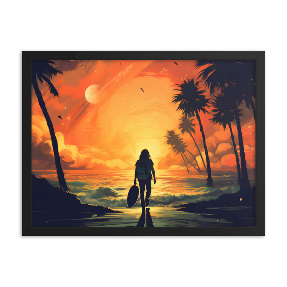 Framed Print Artwork Beach Ocean Surfing Warm Suns Set Art Surfer Walking Down To The Beach Holding Surfboard Palm Tree Silhouettes Sets The Tone Framed Poster Artwork 18x24"