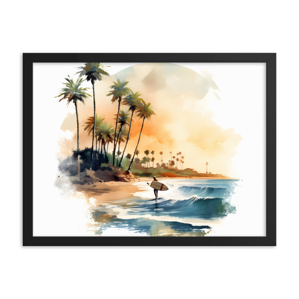 Framed Lifestyle/Ocean Side Artwork Stunning Watercolor Style Framed Painting Waves Surfer Surfing