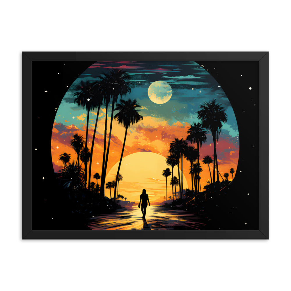 Framed Print Lifestyle/Ocean Side Artwork Dark Sunset Palm Tree Silhouettes Line The Pathway Large Sun Setting In Line With Perspective Moon Lit Star Filled Night Sky Framed Print Artwork 18x24"