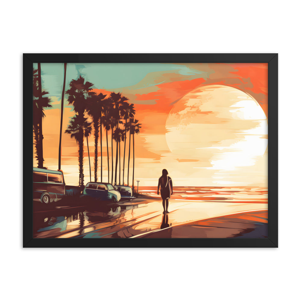 Framed Print artwork sunset watercolor oceanside framed painting Warm Colors Vintage Cars And A Large Sun Setting Into The Horizon Framed Print Artwork 18x24"