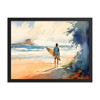 Framed Poster Beach Ocean Lifestyle Watercolor Style Painting Framed Artwork Print Surfer Looking Out For the Perfect Spot 18x24 inch horizontal