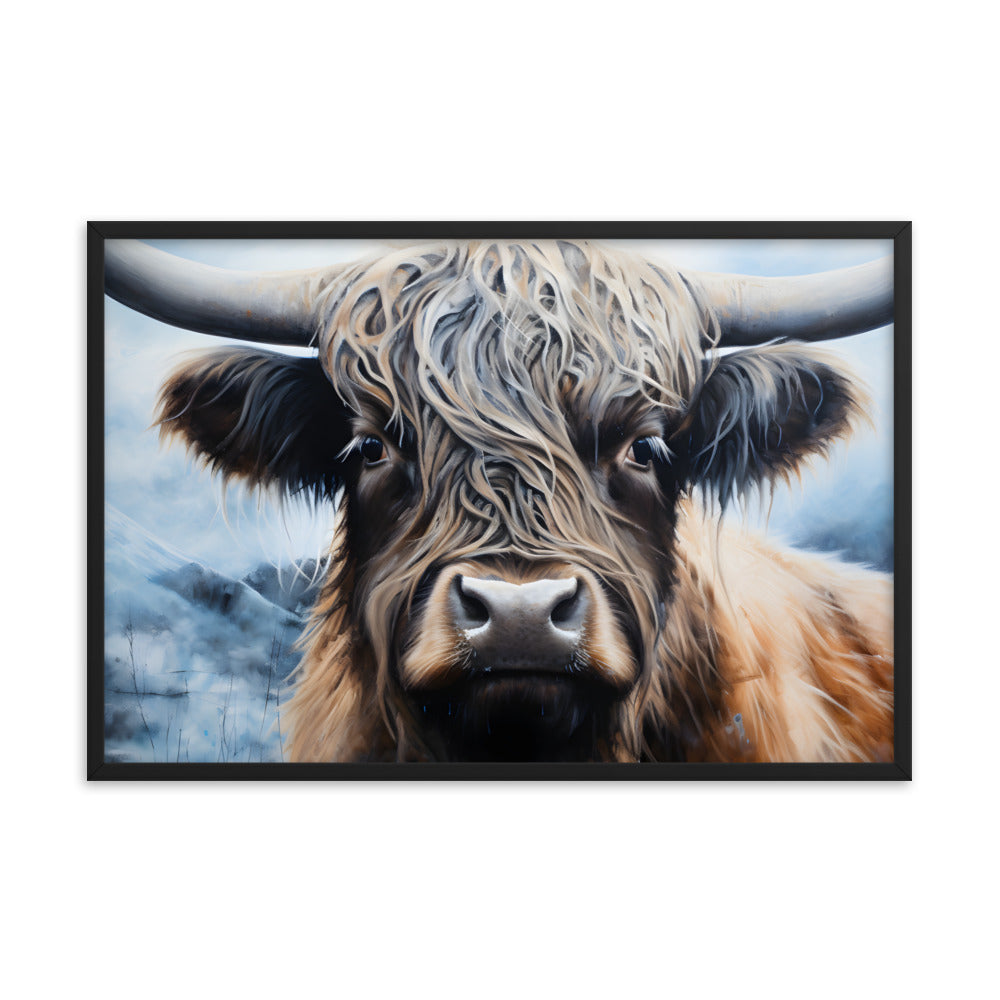 Framed Print Poster Artwork Strong Stunning Highlander Bull Emotional Staring Into The Viewer Captivating Highly Detailed Painting Style 24x36"