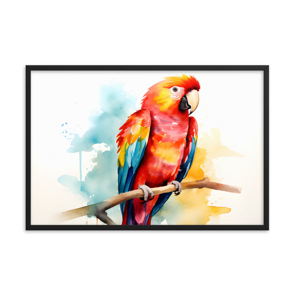 Framed Print Poster Artwork Bright Red Parrot With Rainbow Wings Perched On A Tree Branch Nature Influenced Water Color Painting Style 24x36"