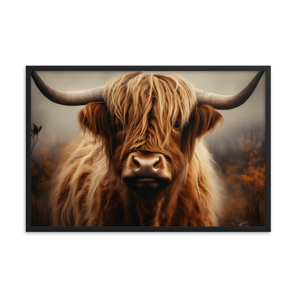 Framed Print Artwork Strong Stunning Dull Dark Gloomy Fierce Fire Highlander Bull Warm Fiery Background Emotional Staring Into The Viewer Captivating Highly Detailed Painting Style Perfect To Warm Up A Homestead Or Country Home Framed Poster 24x36"