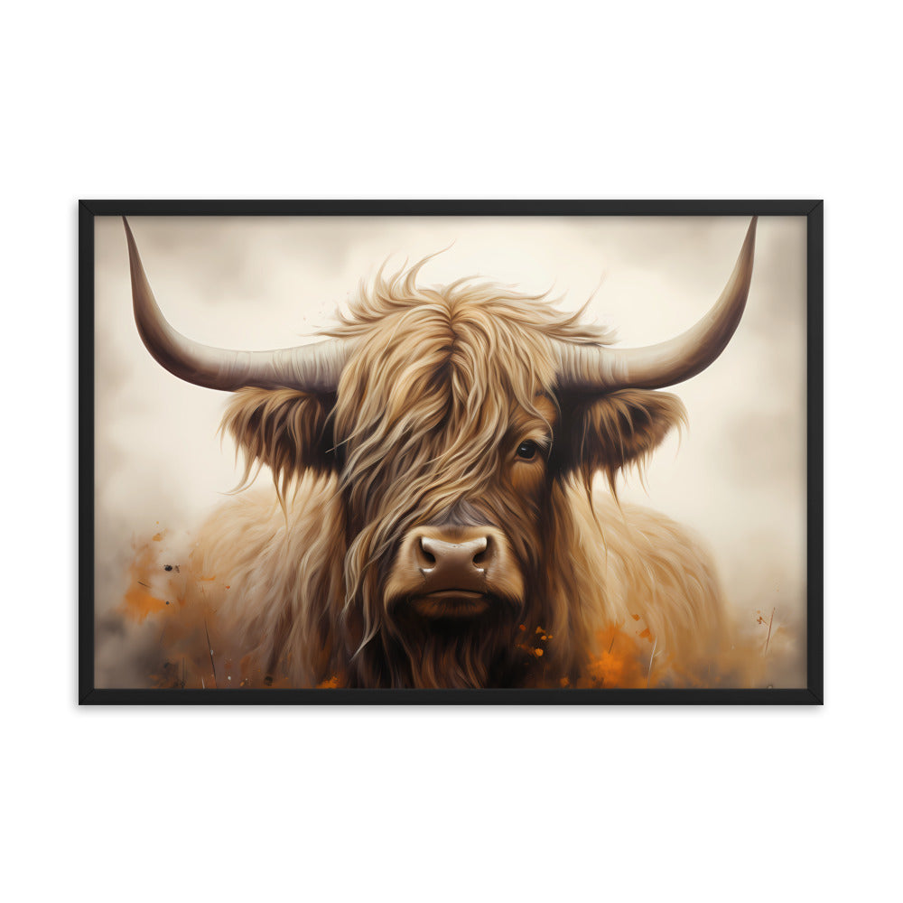 Framed Print Artwork Strong Stunning Highlander Bull Warm Fiery Flames Emotional Stylish Bull Staring Into The Viewer Captivating Highly Detailed Painting Style Perfect To Warm Up A Homestead Or Country Home Framed Poster 24x36"