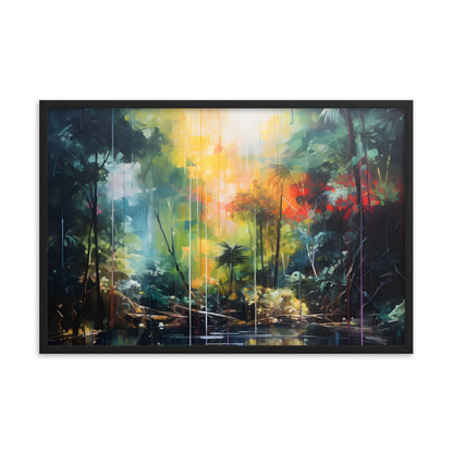 Framed Print Abstract Artwork Bright Vibrant Colorful Rainbow Jungle Behind A Pond Oil Painting Style Abstract Art Framed Poster Nature 24x36"