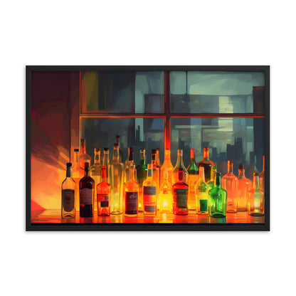 Framed Print Artwork Alcohol Bar Night Life Vibrant Colorful Well Lit Bar With Alcohol Bottles Lined Up Party Drinking Lifestyle Framed Poster 24x36"