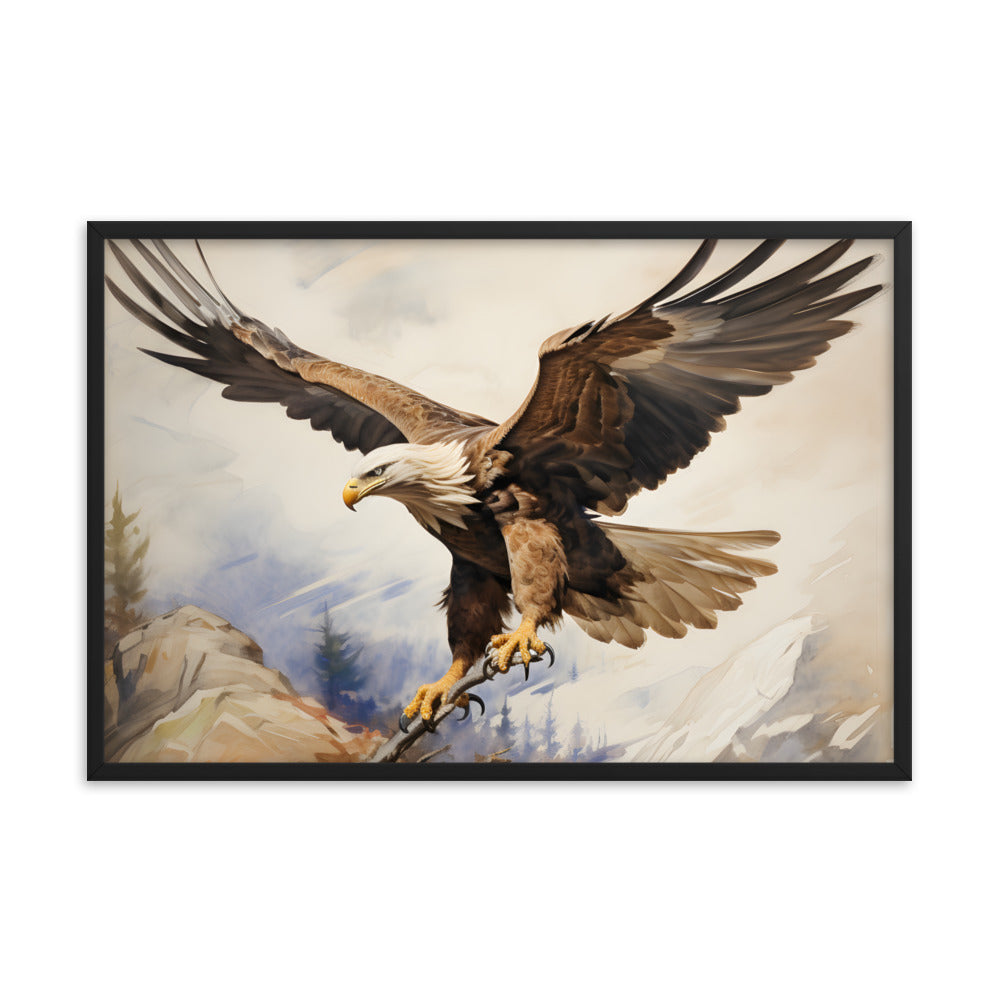 Framed Artwork Strong Soaring Bald Eagle Snowy Mountains Detailed Painting 24x36"