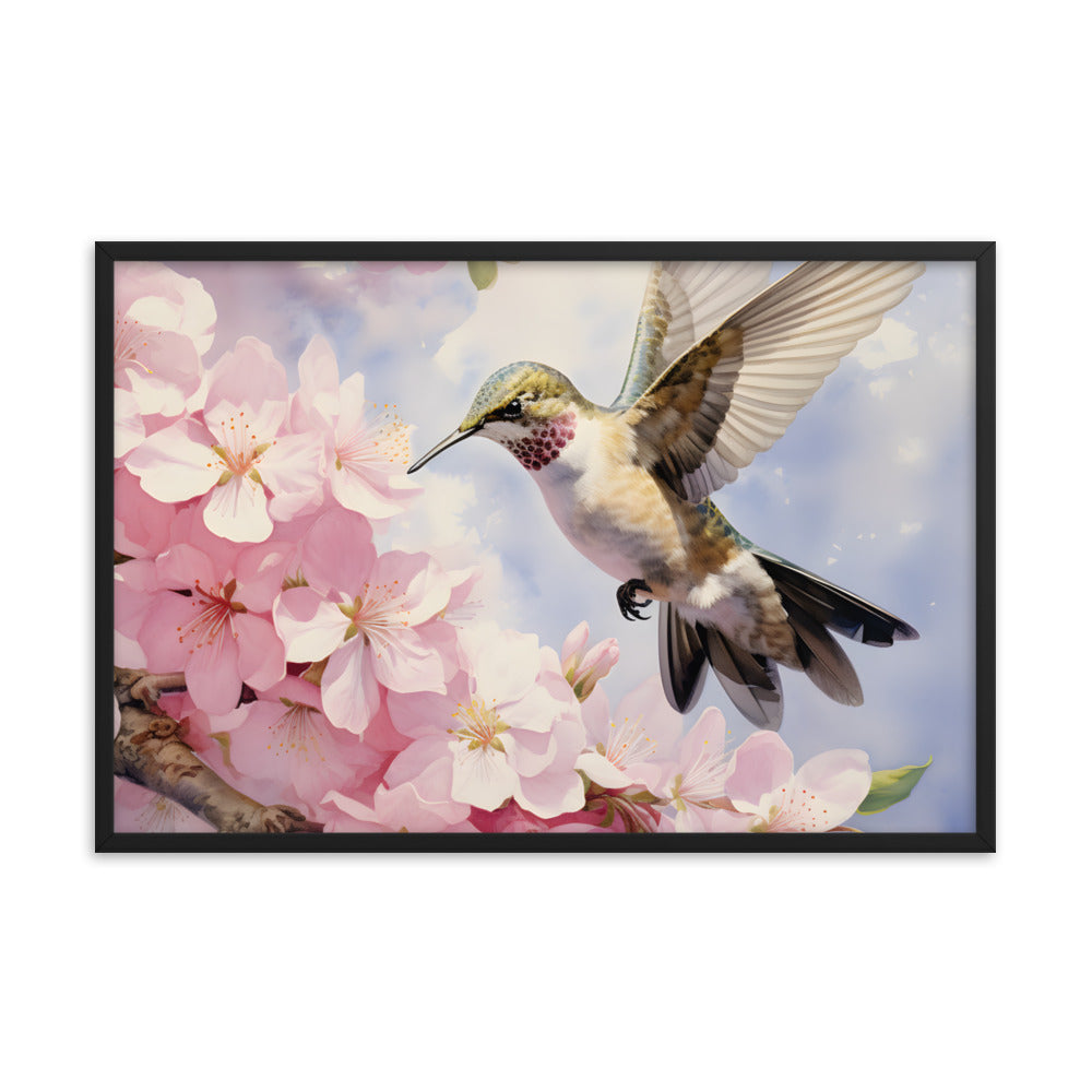 Framed Print Artwork Humming Bird Hovering Mid Air While Seeking Out Fresh Honey Amongst The Cherry Blossoms Framed Poster Artwork 24x36"