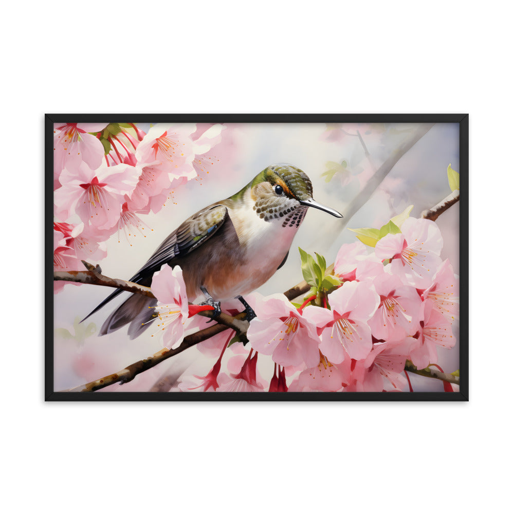 Framed Print Artwork Humming Bird Perched On Tree Branch Amongst Cherry Blossoms Framed Poster Artwork 24x36"