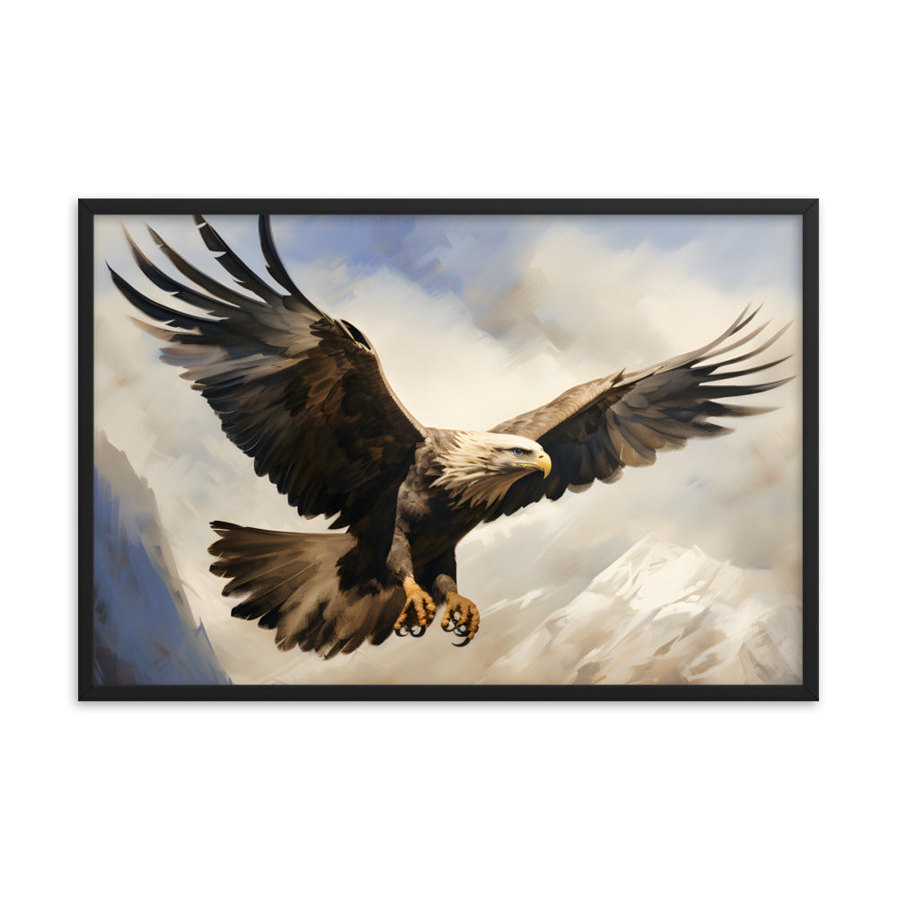Framed Artwork Print Strong Soaring Bald Eagle Snowy Mountains Detailed Painting, Large Wing Span Mid Flight Ready To Swoop 24x36"