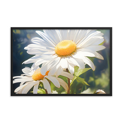Framed Print Double Daisy Realistic Oil Painting Nature Inspired Artwork Stunning Sunlit Twin Daisy Blooming Oil Painting Style 24x36"