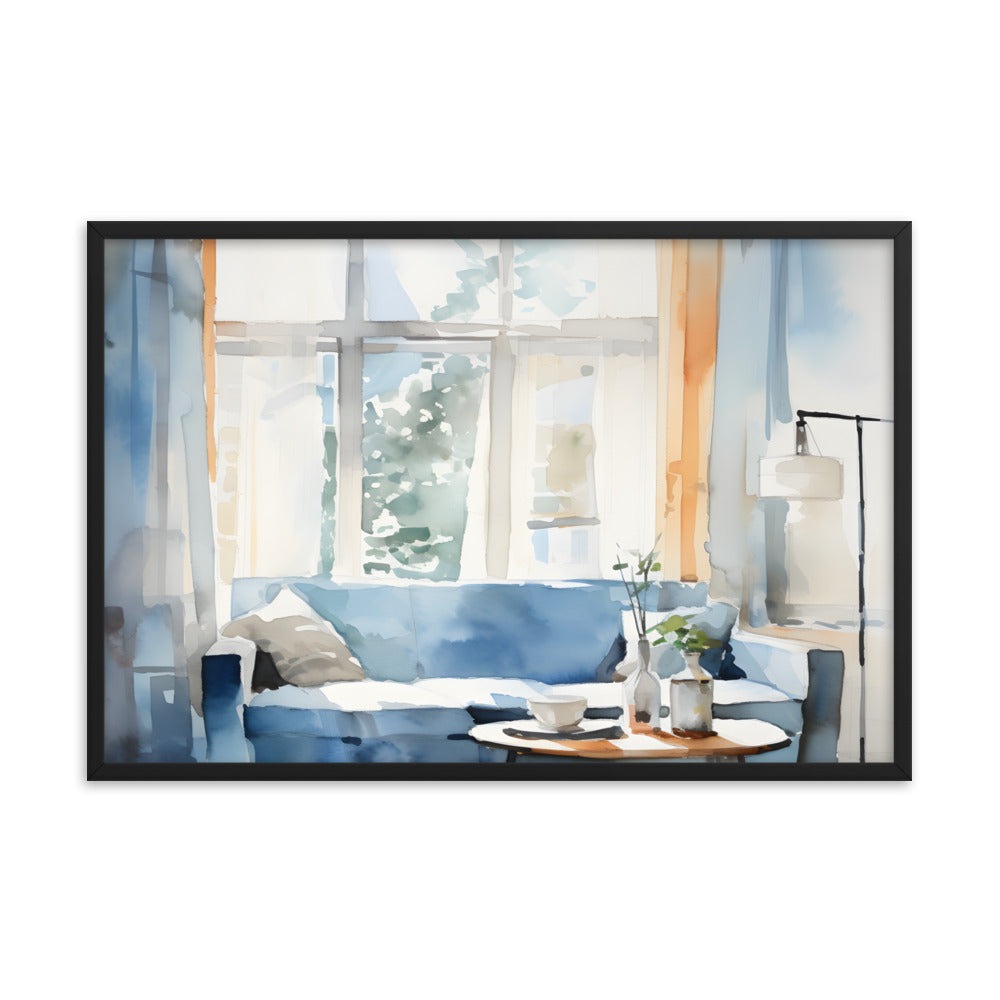 Framed Print Artwork Water Color Style Home Decor Large Windows Sun Lit Room Light Cool Colors Water Color Style Interior Design Lifestyle Framed Poster 24x36"