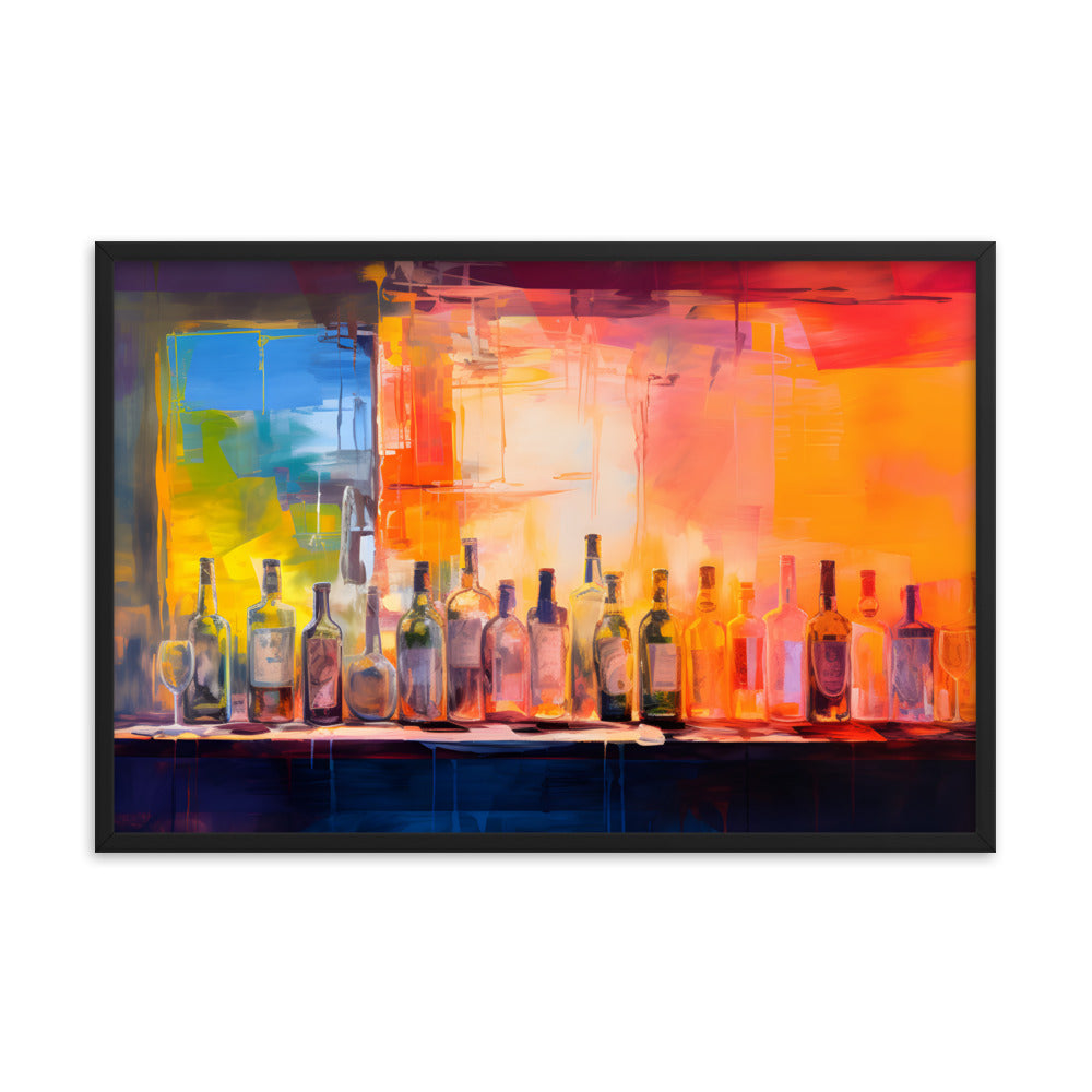Framed Print Artwork Alcohol Bar Filled With Bottles Of Alcohol Night Life Vibrant Oil Painting Style Colorful Party Drinking Lifestyle Framed Poster 24x36"