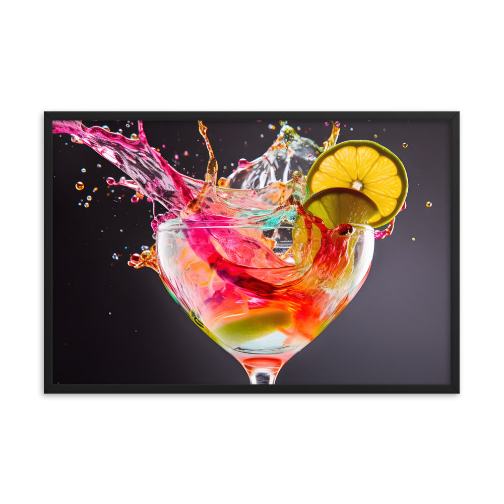 Framed Print Artwork Bright Colorful Cocktail Splashing Out Of The Glass Framed Poster Painting Alcohol Art 24x36"