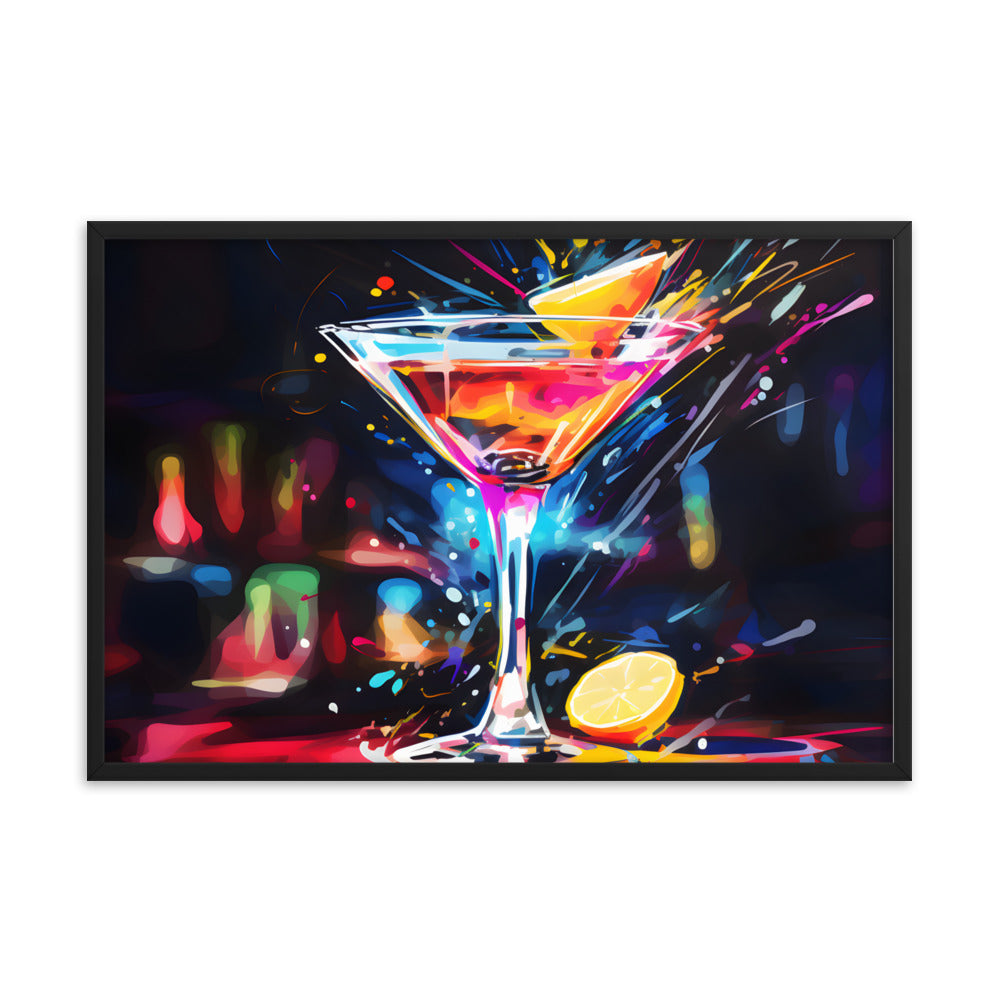 Framed Print Artwork Bar/Night Life Art Bright Neon Splashes Surrounding A Martini Glass Full Of Alcohol Framed Poster Painting Alcohol Art Iced Drink Close Up 24x36"