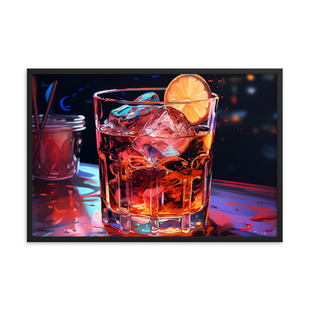 Framed Print Artwork Alcohol And Night Life Bar Art Alcoholic Drink With Ice And Lemon Slice Framed Poster Neon Light Bar Artwork 24x36"