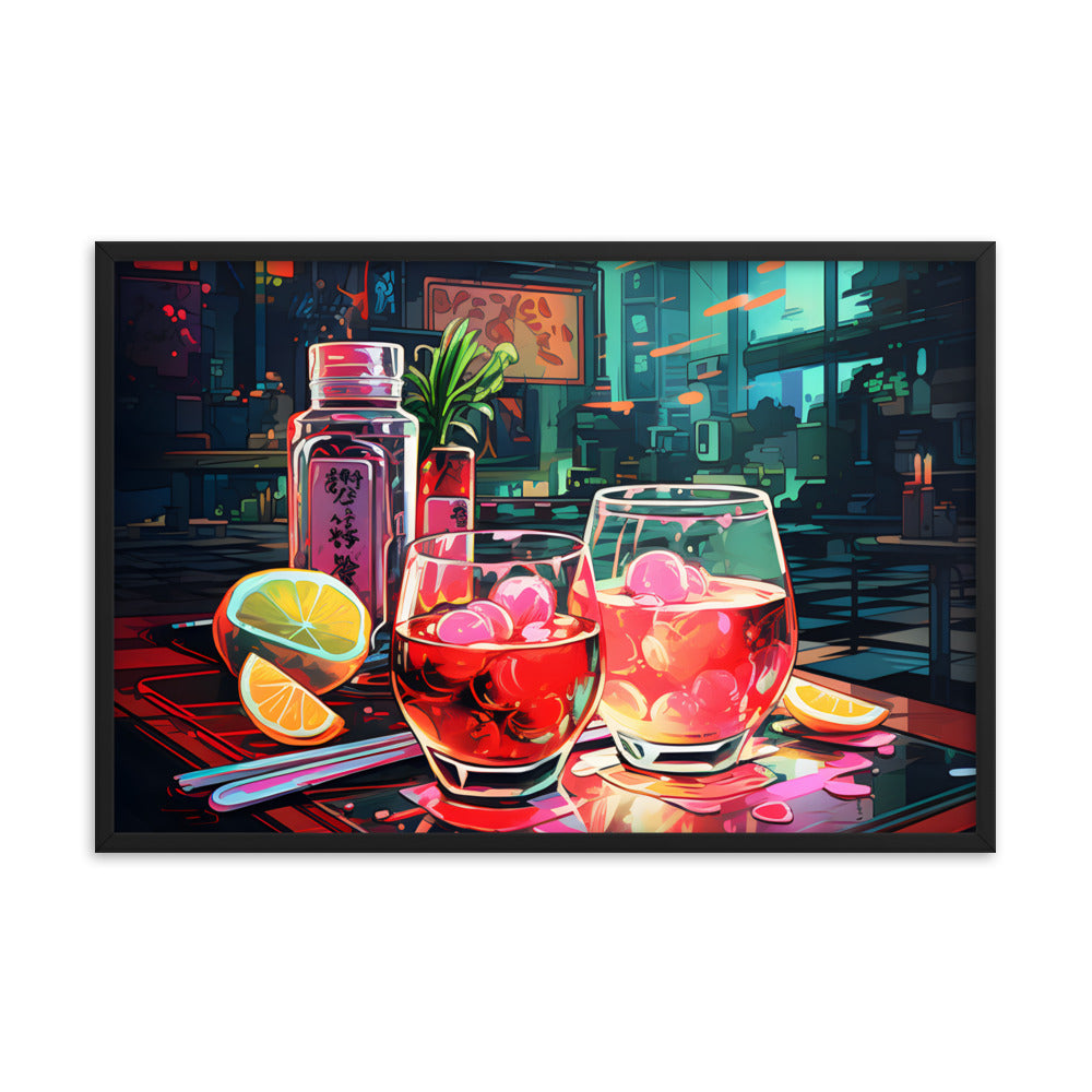 Framed Print Artwork Japanese Manga Style Alcohol And Night Life Bar Art Alcoholic Drink With Ice And Lemon Slice Framed Poster Neon Light Bar Artwork Urban Setting Lifestyle 24x36"