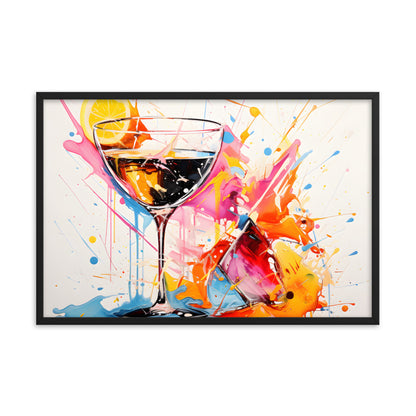 Framed Print Artwork Bright Colorful Cocktail Splashing Out Of The Glass Lemon Slices Lining Champagne Glass Vibrant Bright Drink Inside Glass White Background Attention Grabbing Art Piece Framed Poster Painting Alcohol Art 24x36"