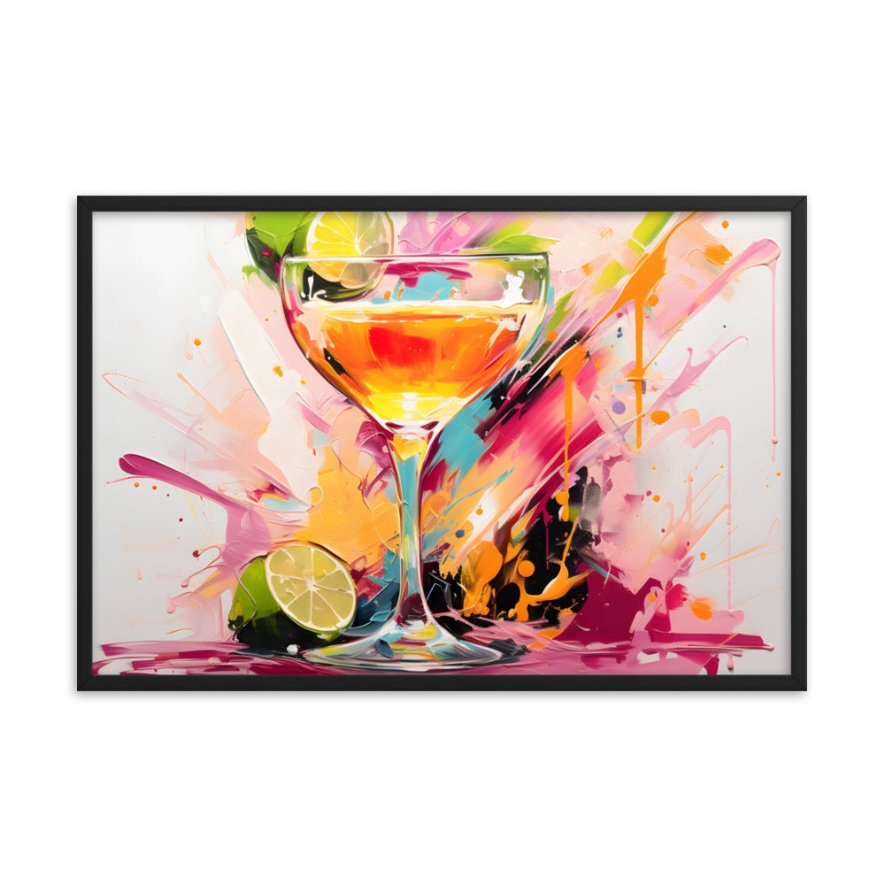 Framed Print Vibrant Alcohol Artwork Lime Slices Lining A Champagne Glass Splashes Of Vibrant Colors Span The Background Attention Grabbing Conversation Starter Framed Poster 24x36"