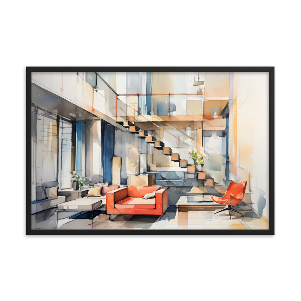 Framed Print Artwork Interior Design Modern Sharp Design Water Color Style Home Decor Red Lounge Lifestyle Framed Poster  24x36"