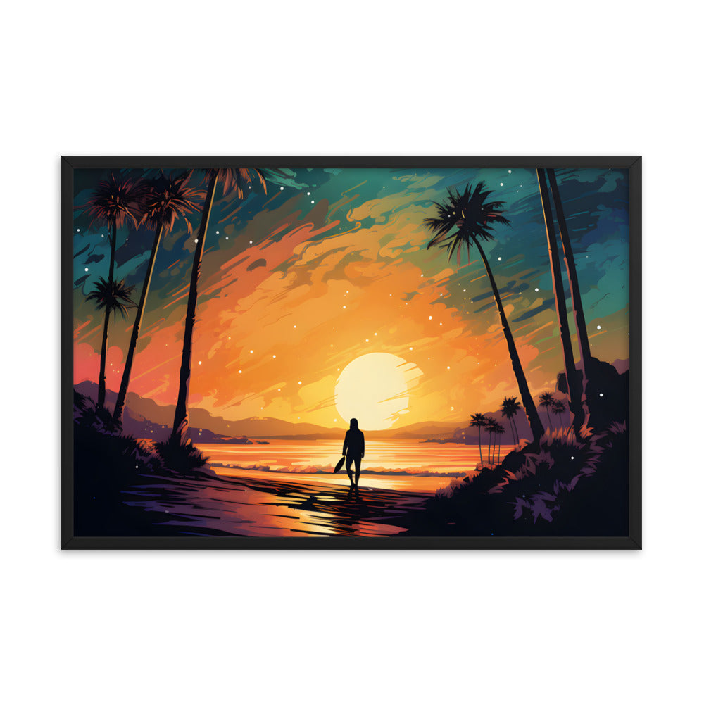 Framed Print Lifestyle/Ocean Side Artwork Smooth Ocean Water Dark Sunset Palm Tree Silhouettes Line The Pathway Large Sun Setting In Line With Perspective Moon Lit Star Filled Night Sky Framed Poster Artwork 24x36"