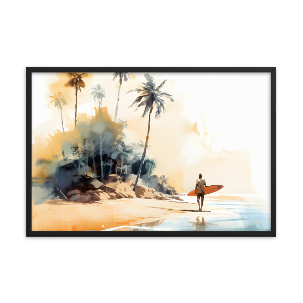 Framed Print Artwork Beach Ocean Surfing Art Surfer Walking Up The Beach Holding Surfboard Palm Trees Sets The Tone Framed Poster Artwork 24x36"