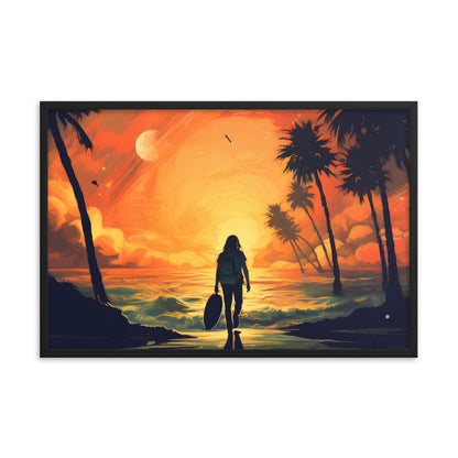 Framed Print Artwork Beach Ocean Surfing Warm Suns Set Art Surfer Walking Down To The Beach Holding Surfboard Palm Tree Silhouettes Sets The Tone Framed Poster Artwork 24x36"