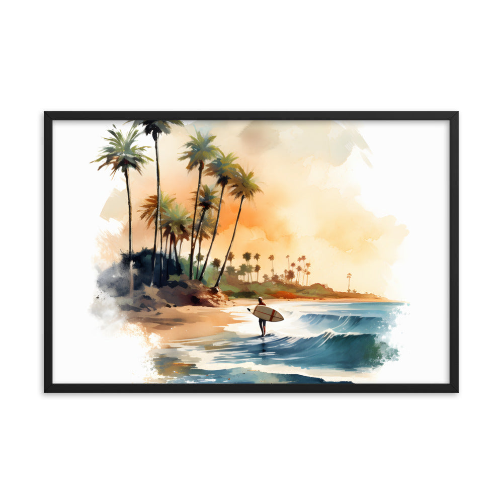 Framed Lifestyle/Ocean Side Artwork Stunning Watercolor Style Framed Painting Waves Surfer Surfing