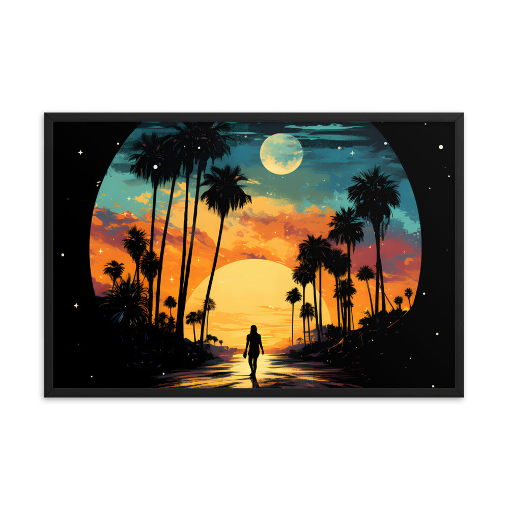 Framed Print Lifestyle/Ocean Side Artwork Dark Sunset Palm Tree Silhouettes Line The Pathway Large Sun Setting In Line With Perspective Moon Lit Star Filled Night Sky Framed Print Artwork 24x36"