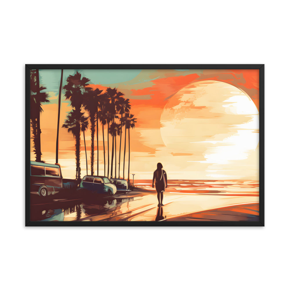 Framed Print artwork sunset watercolor oceanside framed painting Warm Colors Vintage Cars And A Large Sun Setting Into The Horizon Framed Print Artwork 24x36" Horizontal