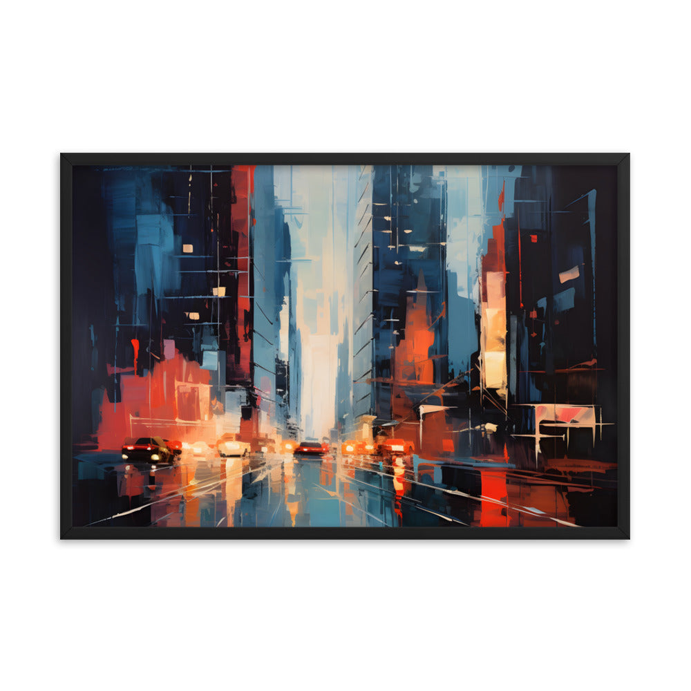 Framed Print Abstract Urban Mystique Dense City Art Cars Driving Through City Conversation Starter Framed Poster Busy City Streets People Walking Through A City With Large Buildings 24x36"